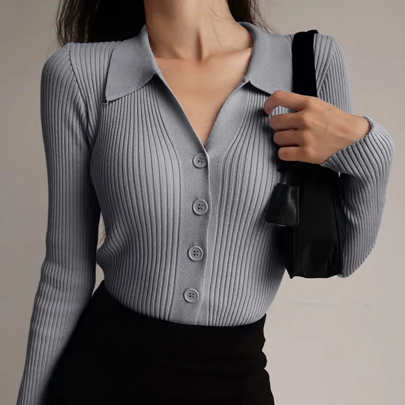 Women Bottoming Women 2022 Lapel Cardigan Long Sleeve POLO V Neck Knit Ladies Sexy Hollow Buttons Sweater Slim Slimming Tops New