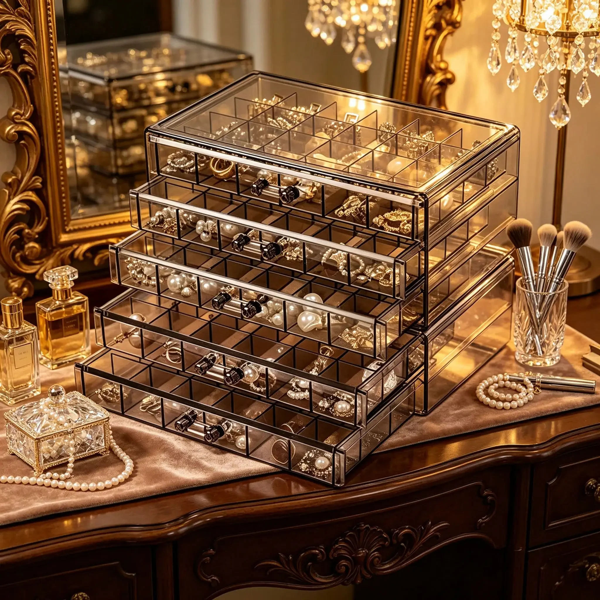 5-Layer Clear Acrylic Jewelry Storage Box With 5 Drawers 120 Grids, Dustproof Vanity Organizer Holder, Large Capacity Storage Case For Earrings Rings Necklaces Bracelets Nail Decorations, Perfect Gift For Ladies Girls