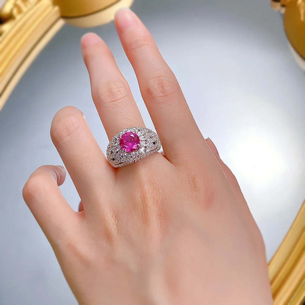 Vintage 100% 925 Sterling Silver 8mm Rose Red Ruby Rings for Women Gemstone Wedding Cocktail Party Fine Jewelry Anniversary Gift