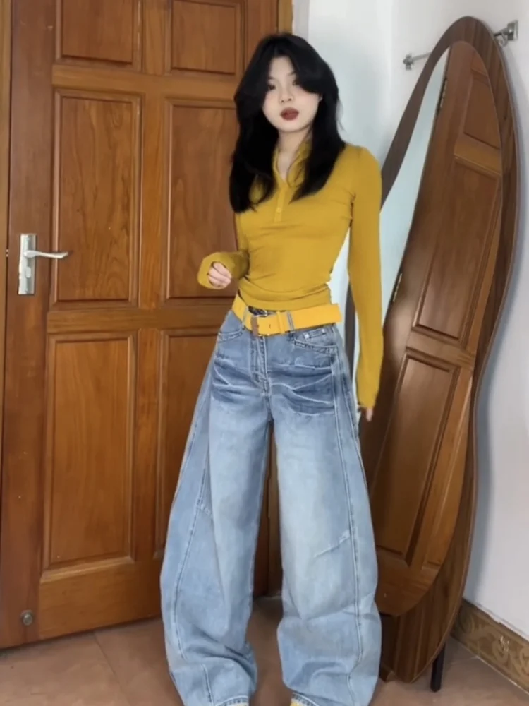 เสื้อยืดทรงเข้ารูป แขนยาว ผู้หญิง เซ็กซี่ สไตล์อเมริกัน สาวฮอต คอเปิด ดีไซน์เอวต่ำ สำหรับฤดูใบไม้ร่วง