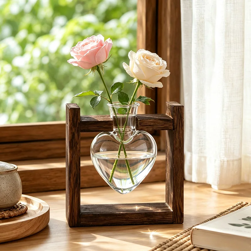 Retro Heart‑Shaped ABS Hydroponic Vase Multi‑Port Wooden Stand Desktop Ornament for Window Sill Bedroom Table Home Decor Gift