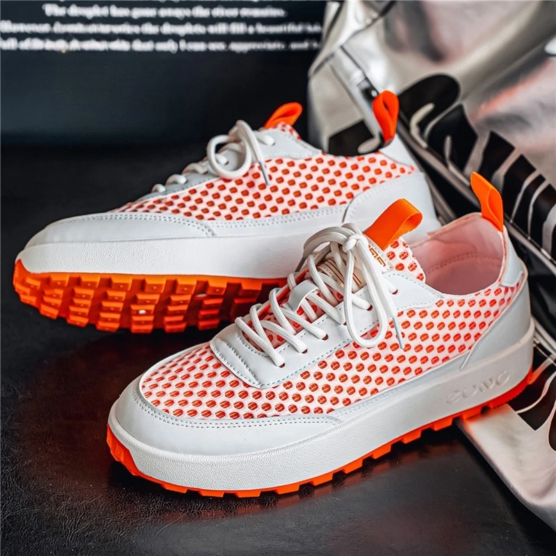 Men's Orange White Checkered Canvas Sneakers Colorblock Lace Up Non-Slip Soft Thick Sole Casual Daily Walking Footwear