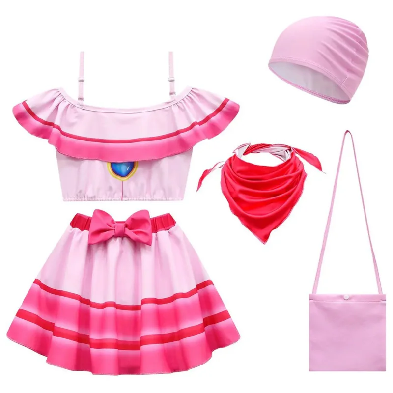 2023 new cossky children Princess Peach Cosplay Costume Girls cute pink dress swimsuit sling suits Halloween carnival costume