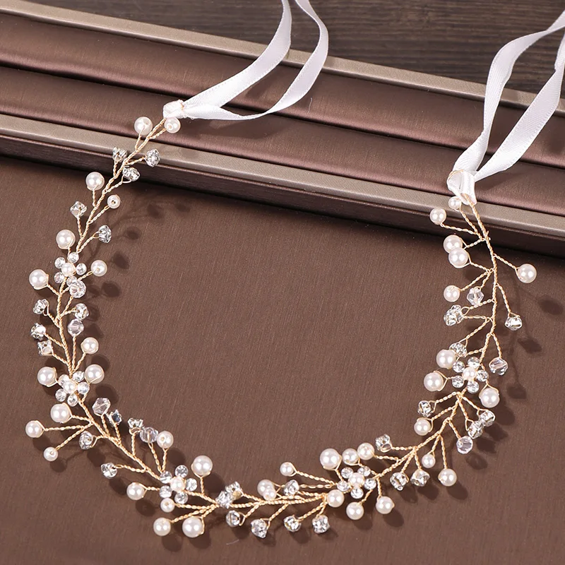 Trendy Gold Pearl Crystal Wedding Headband tiara Bridal Headpiece Hairband  Wedding Hair Accessories Women Hair Jewelry Handmade
