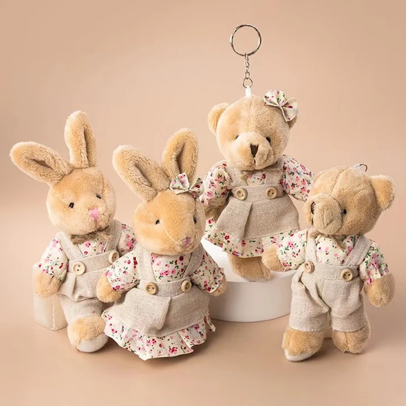 Bonito meninas estilo country linho ursinho chaveiro feminino coelho casal chaveiro no saco saco de carro charme berloque brinquedo crianças brinquedos de pelúcia