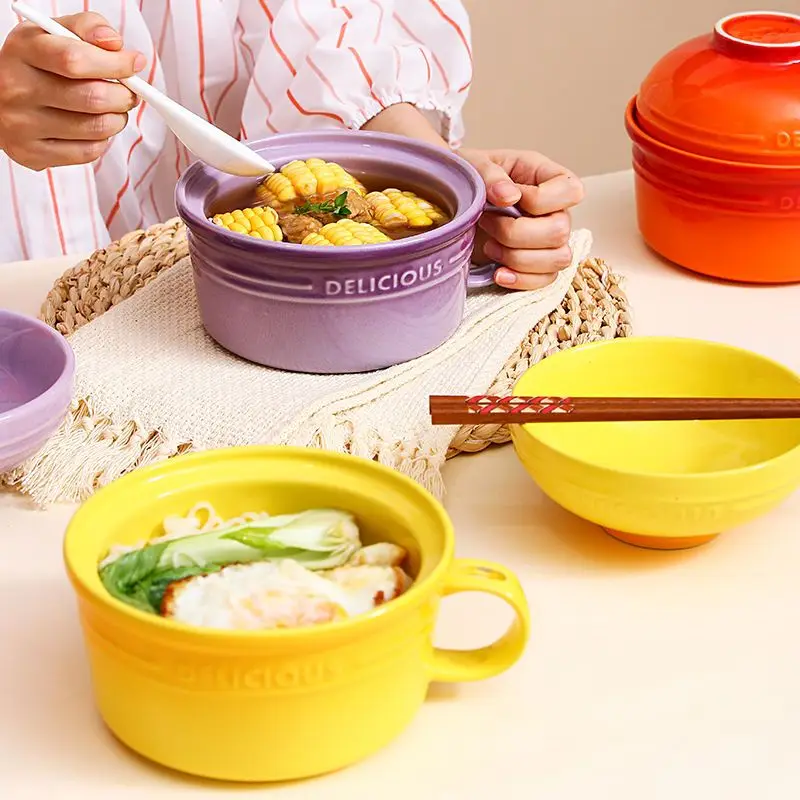 French Rainbow Large Capacity Ceramic Instant Noodles Bowl Set Student Dormitory Instant Noodles Bowl Office Workers Cafeteria