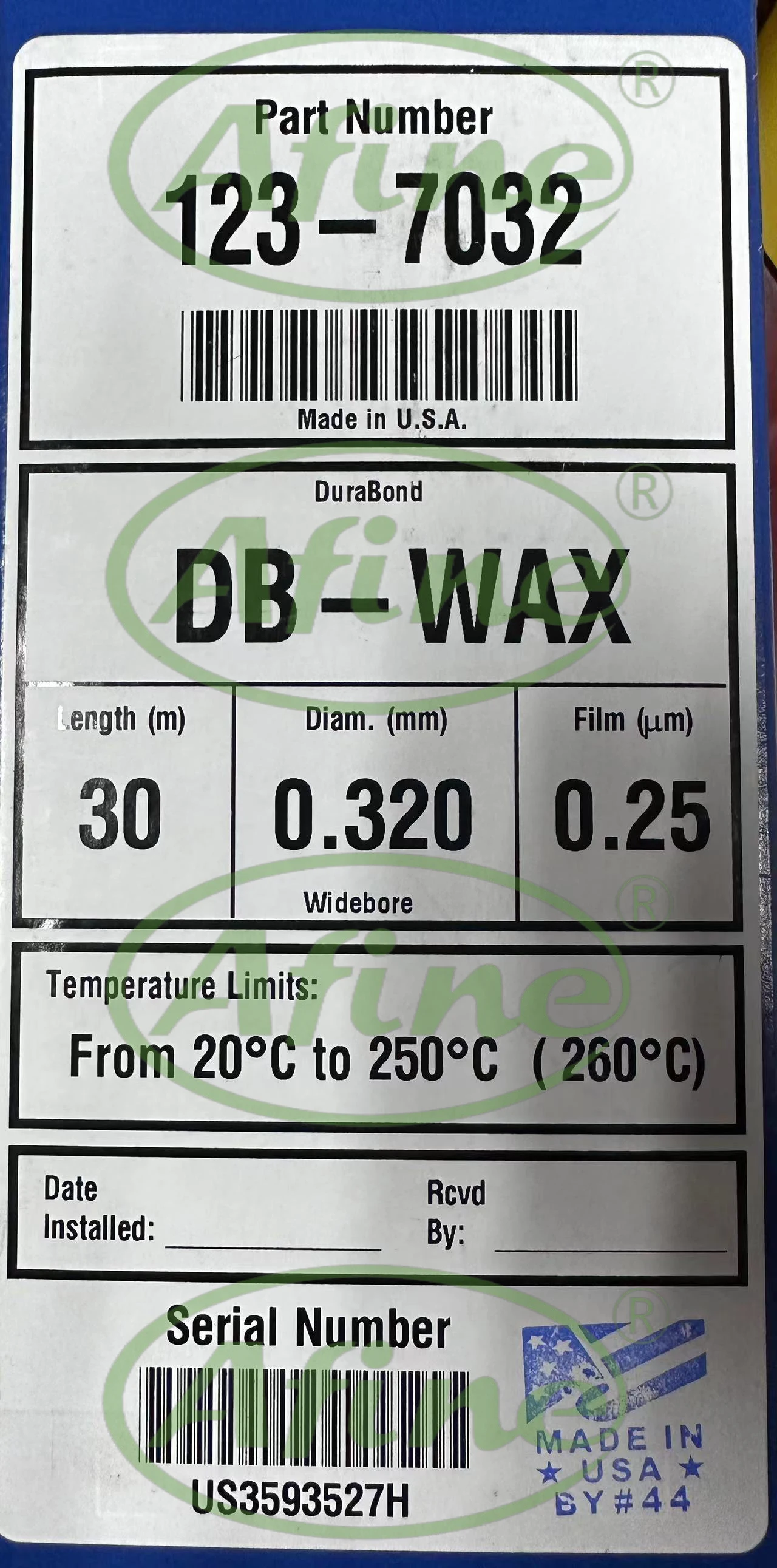 Colunas AFINE Agilent J&W DB-WAX GC, 0,32 mm, gaiola de 7 polegadas: 123-7063 (60 m, 0,50 μm) e 123-7032 (30 m, 0,25 μm)