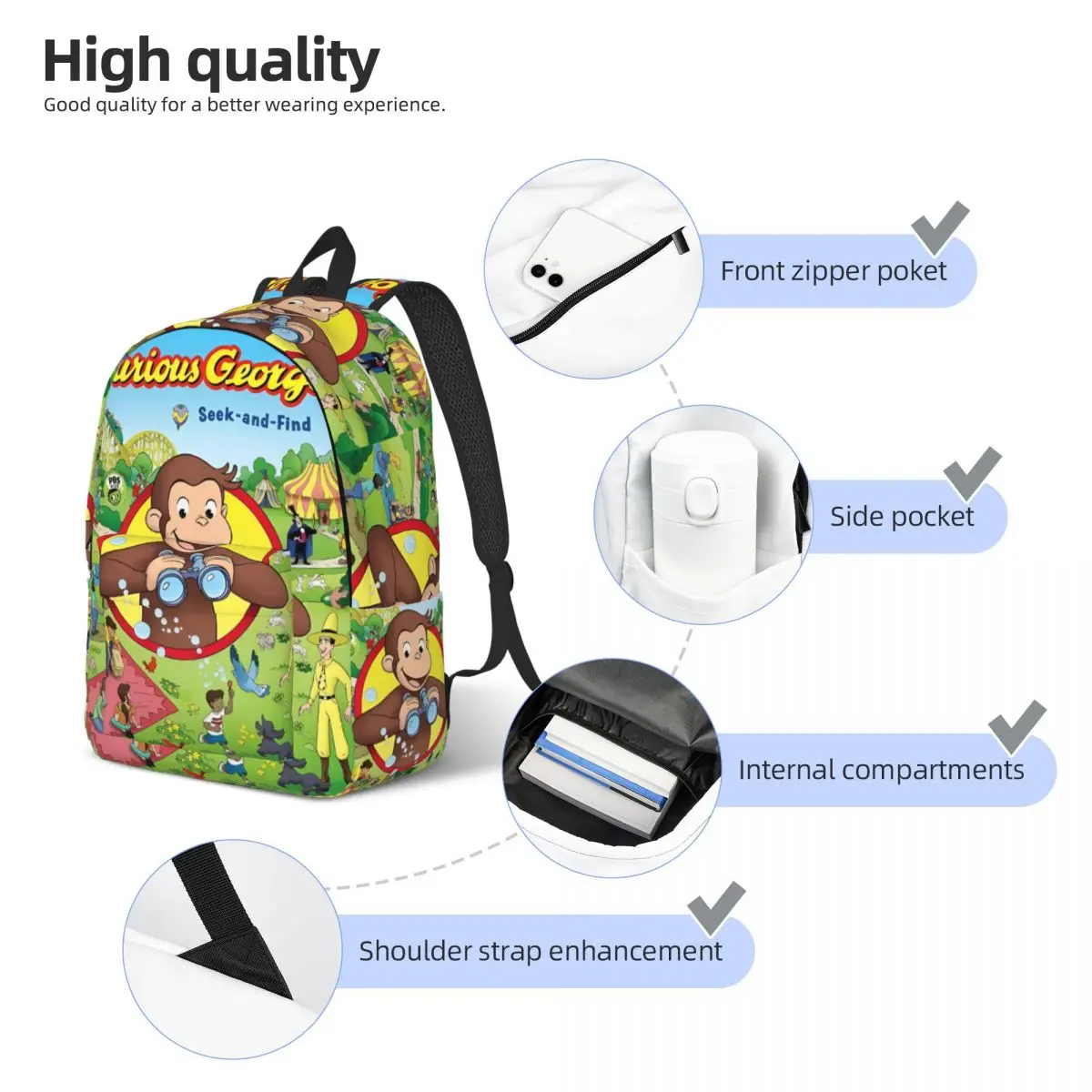 حقيبة ظهر غريبة من جورج أفريقي القرد أنيمي للرجال والنساء في سن المراهقة في المدرسة الثانوية للأعمال Daypack حقائب قماش للكمبيوتر المحمول مع جيب