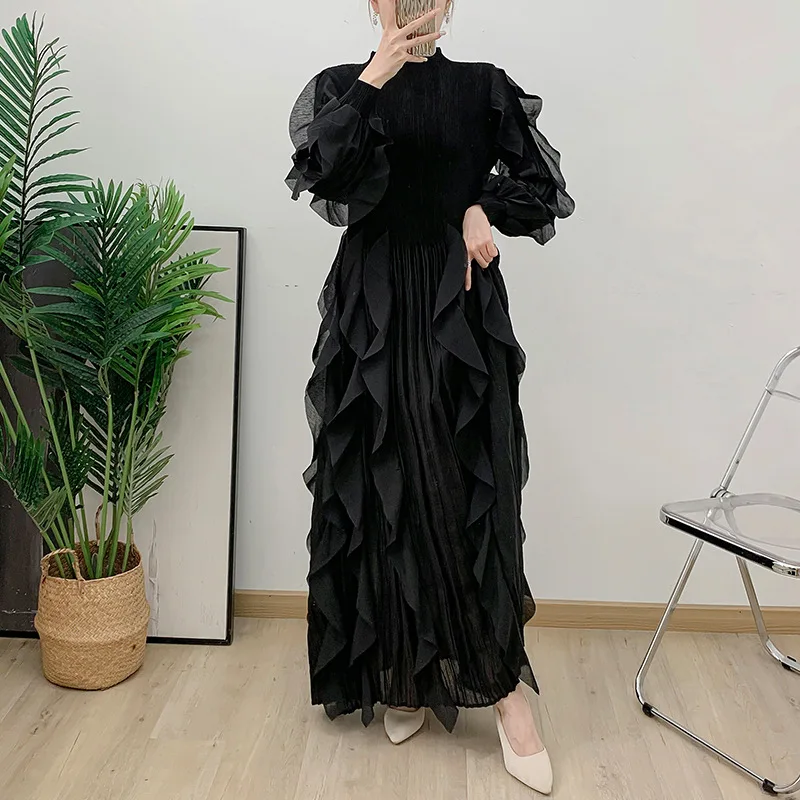 ANLAN Slim Pleated Dress For Women O-Neck Long Sleeves Ruffles Fashion Solid Maxi Evening Dresses Clothing 2024 Autumn New 2A109