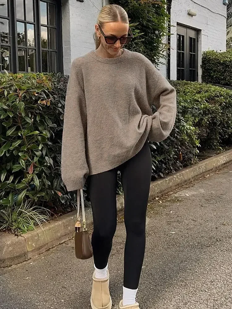 Autumn Brown Women Knitted Sweater Round Neck Loose Warm Long Sleeve Loose Pullover New Casual Lady Street Commuting Knit Tops