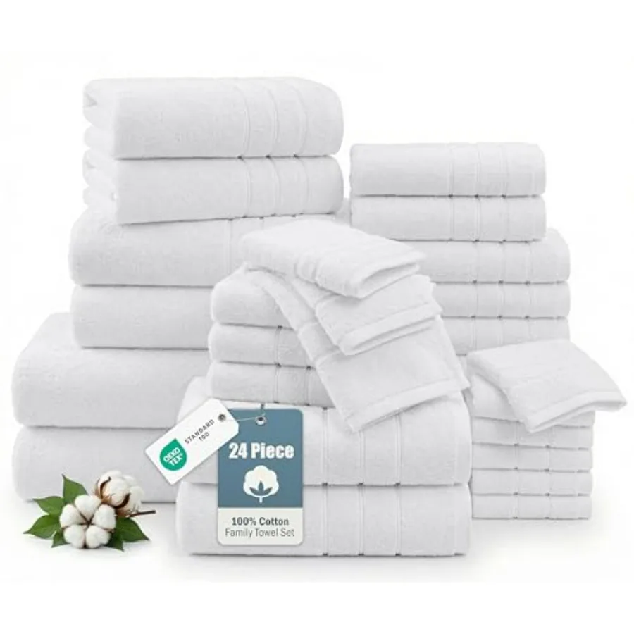 

24 Piece Bathroom Towel Set 100 Cotton, White, Ultra-Soft Durable for Hotel Daily Use, Includes Bath Sheets, Bath, Gym, Fingert
