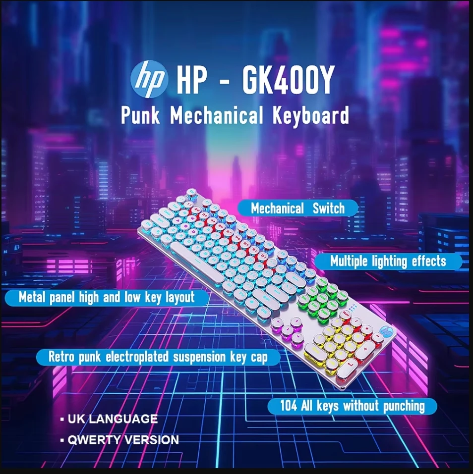 

Механическая клавиатура HP GK400Y в стиле панк, игровая клавиатура с подсветкой 104 клавиш, полноклавишная клавиатура без ударов, механическая клавиатура с регулируемым освещением и механическим валом