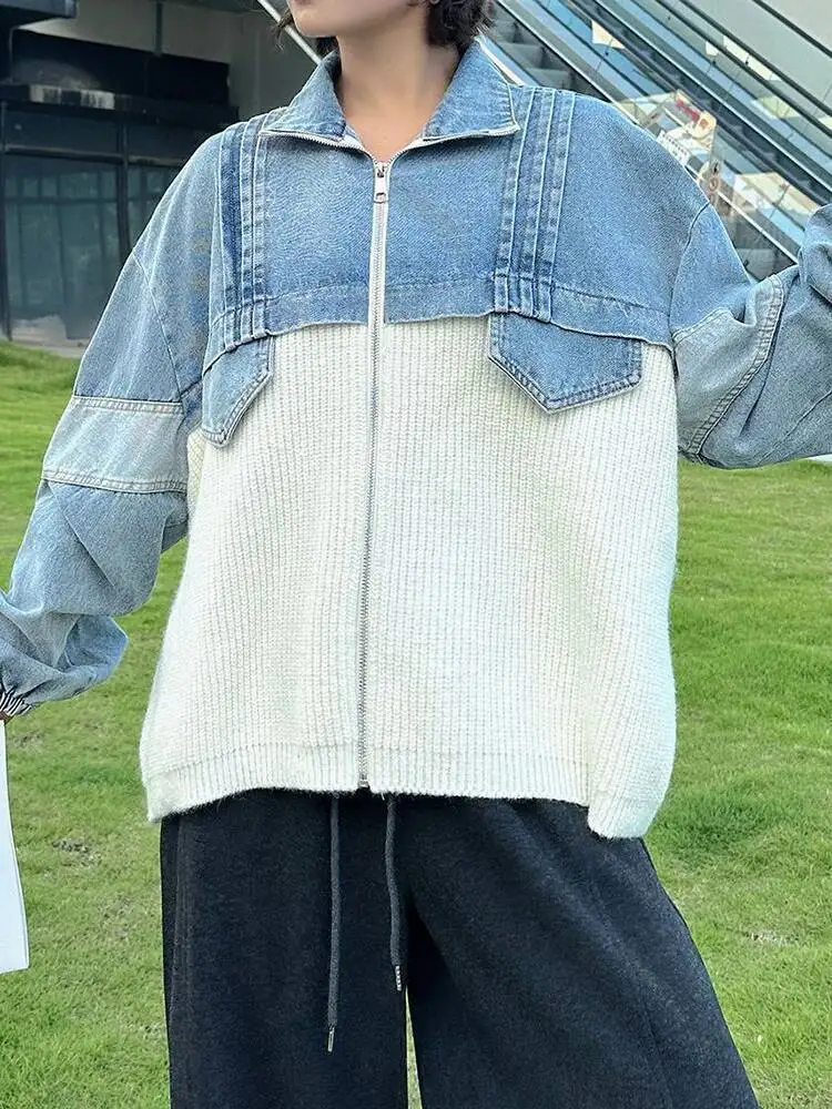 

Бежевый джинсовый большой размер, повседневный вязаный кардиган, свитер с лацканами и длинными рукавами, женская новая мода, весна-осень