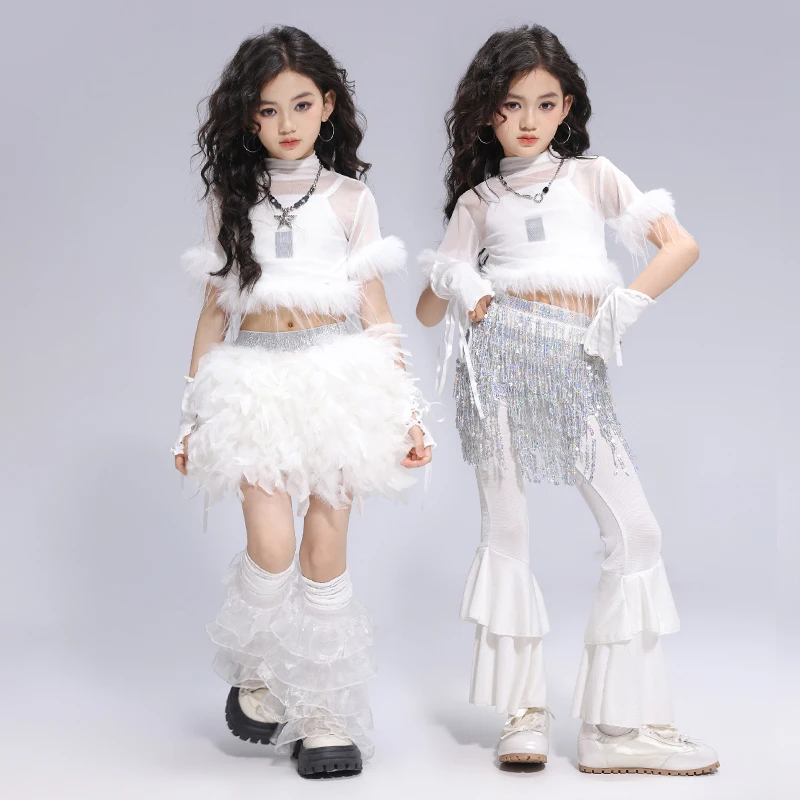 Meninas gaze colheita topo dança de rua crianças saias de lantejoulas hip hop jazz prata minissaia conjuntos de roupas criança streetwear trajes k-pop
