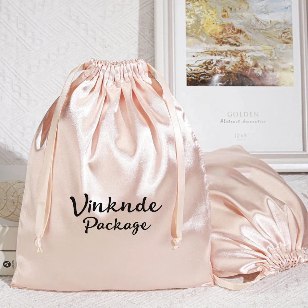 

20*25Cm Satin Gift Bag Promotion Custom Logo Printed Soft Silk Drawstring Jewelry Hair Extension Bundle Wig Storage Dust Pouch