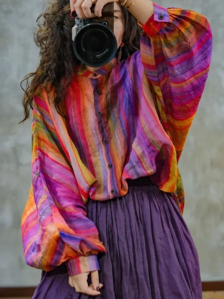 

2025 Autumn new Rainbow Striped Long Sleeve Shirt Print Casual Shirt Women Fancy Collar Loose Long top