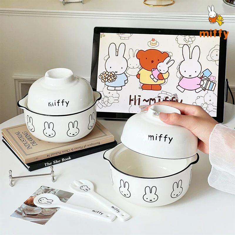 

Керамическая миска Kawaii Miffy для студенческого общежития, высококачественная миска для лапши быстрого приготовления с крышкой, мультяшные аксессуары, подарки