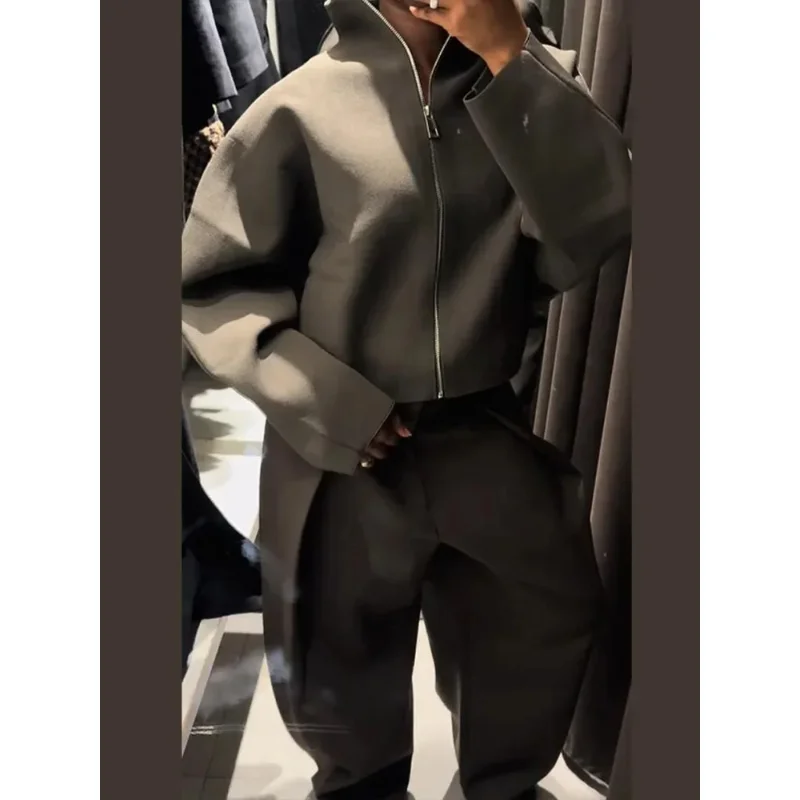 Moda damska 2025: Luźna kurtka z długim rękawem, jednolita, z klapami, pełny rękaw, zapinana na zamek, luźny krótki płaszcz, odzież wierzchnia do codziennych dojazdów do pracy.