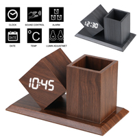 Voice Controlled LED Digital Pen Holder Alarm Clock Battery Powered with Temperature LED Clock ​Wooden Student