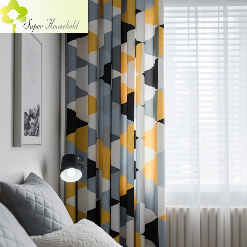 Modern Minimalist Curtains Yellow Gray Geometry Printing Curtain for Living Room Bedroom Semi Shade Fabric Window Treatments