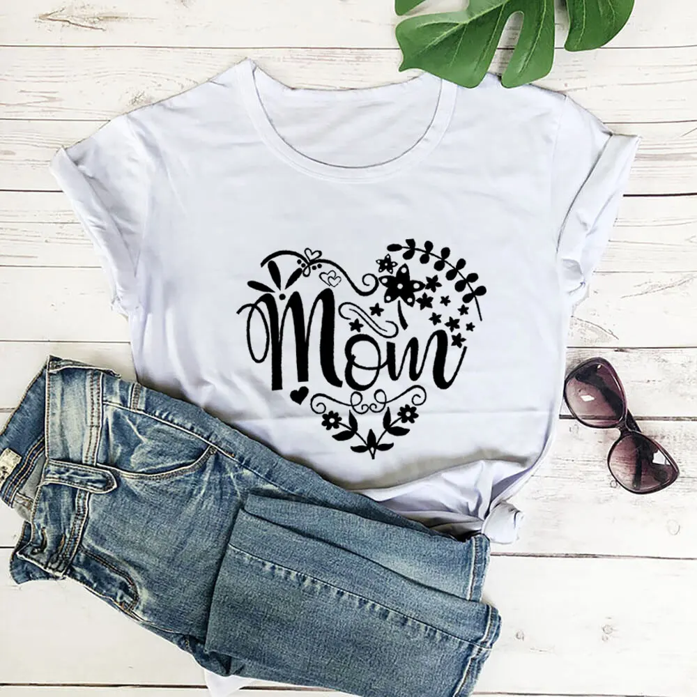

Mom Love Heart Print Women 100%Cotton Tshirt Women Funny Summer Casual Short Sleeve Top Tee Mother's Day Shirt Birthday Gift