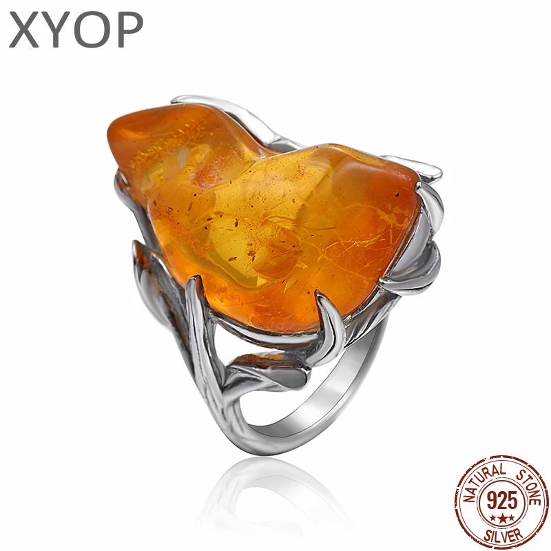 XYOP 2025 Natural Amber Insect Ring with Irregular 925 Sterling Silver Luxurious Texture for Special Moments