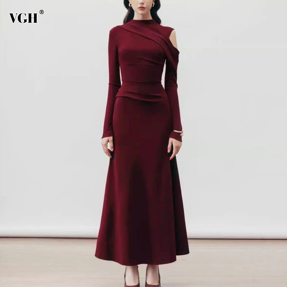 VGH Winered Color Minimalist Maxi Dresses for Women O Neck Hollow Out Long Sleeves High Waist Temperament Elegant Dress Female