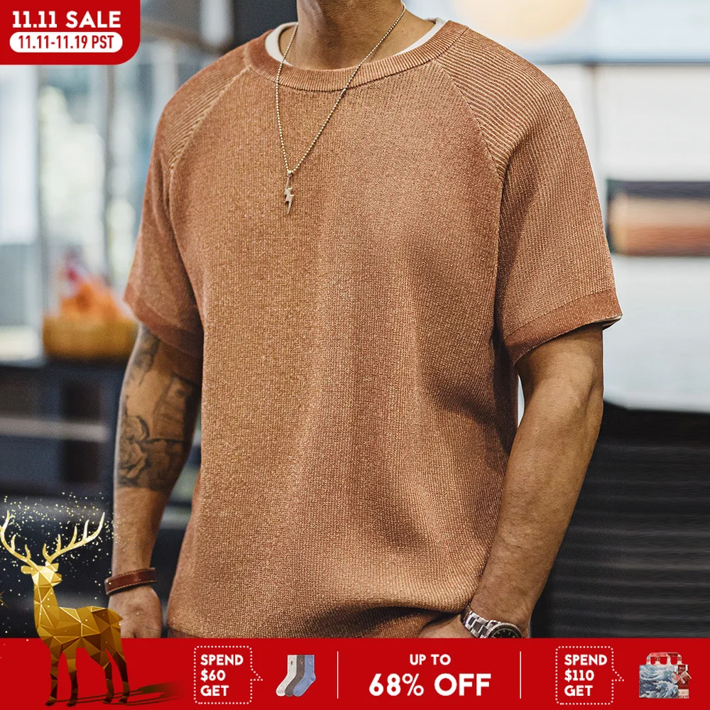 

Maden New Vintage Orange Knitted Short Sleeve T-Shirt Men's Summer Loose Fit Ribbed Crew Neck Tee Breathable Casual Street Tops