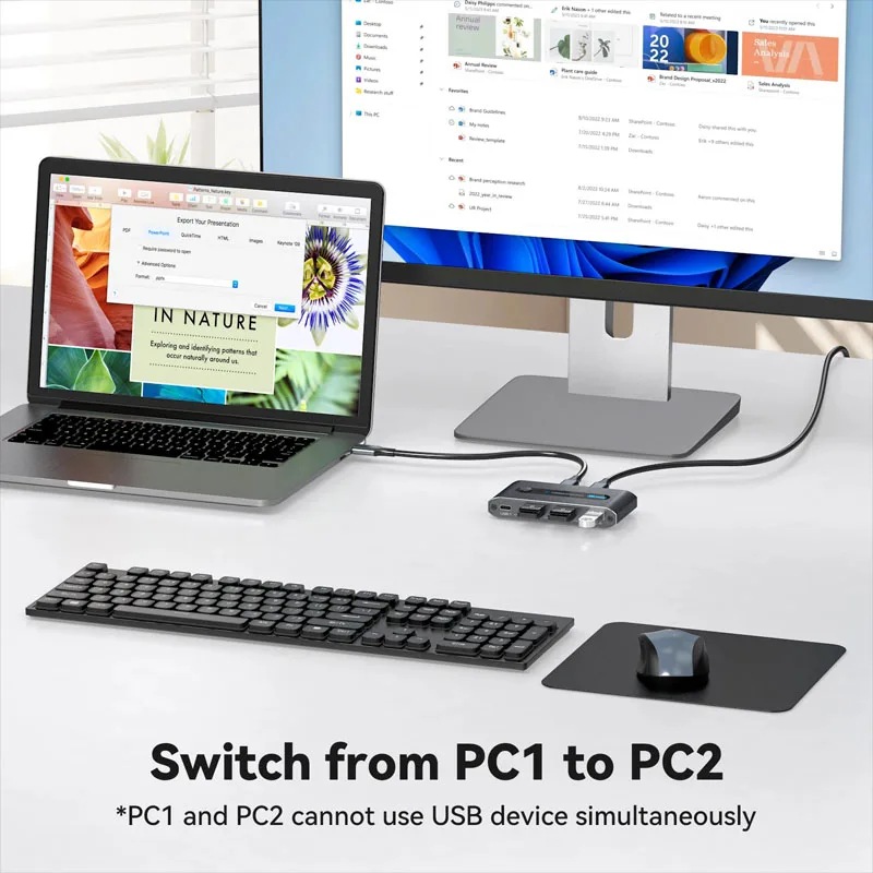 Switch USB da 10 Gbps Ingresso C 2 computer Condividi 4 porte USB 3.2 Selettore interruttore USB per tastiera Mouse Stampante Webcam Controllo desktop