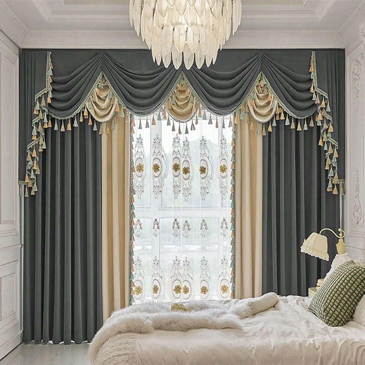 

1Pcs European Luxury Tassel Curtain Set: Velvet Blackout + Embroidered Sheer, Court-style Valance, Home Decor