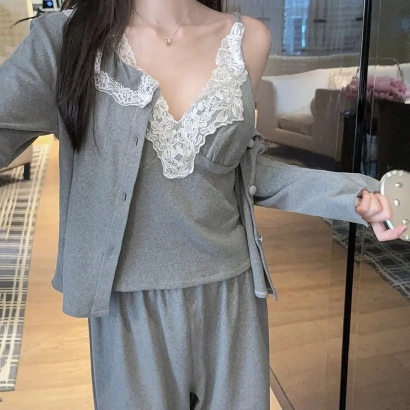 Island Velvet Sexy Pajamas for Women Home Wear Three-piece Set Double-sided Warm Autumn Winter Strape Pajamas Sleepwear