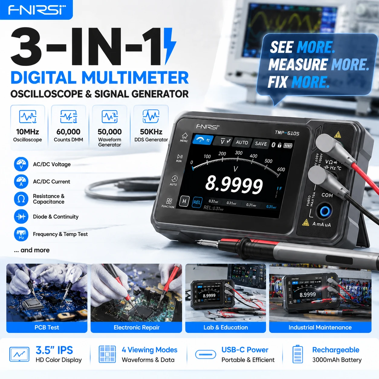 FNIRSI TMP‑610 3 in 1 Digital Multimeter 10MHz Oscilloscope 50KHz Signal Generator for Electronic Circuit Repair Testing Tools