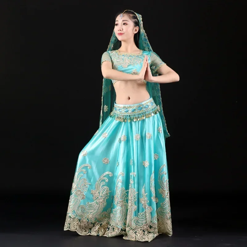 4 Colors Belly Dance Outfits Indian Dance Embroidered Bollywood Costume Set Long Skirt Top Belt Sari 4pcs Festival Performance