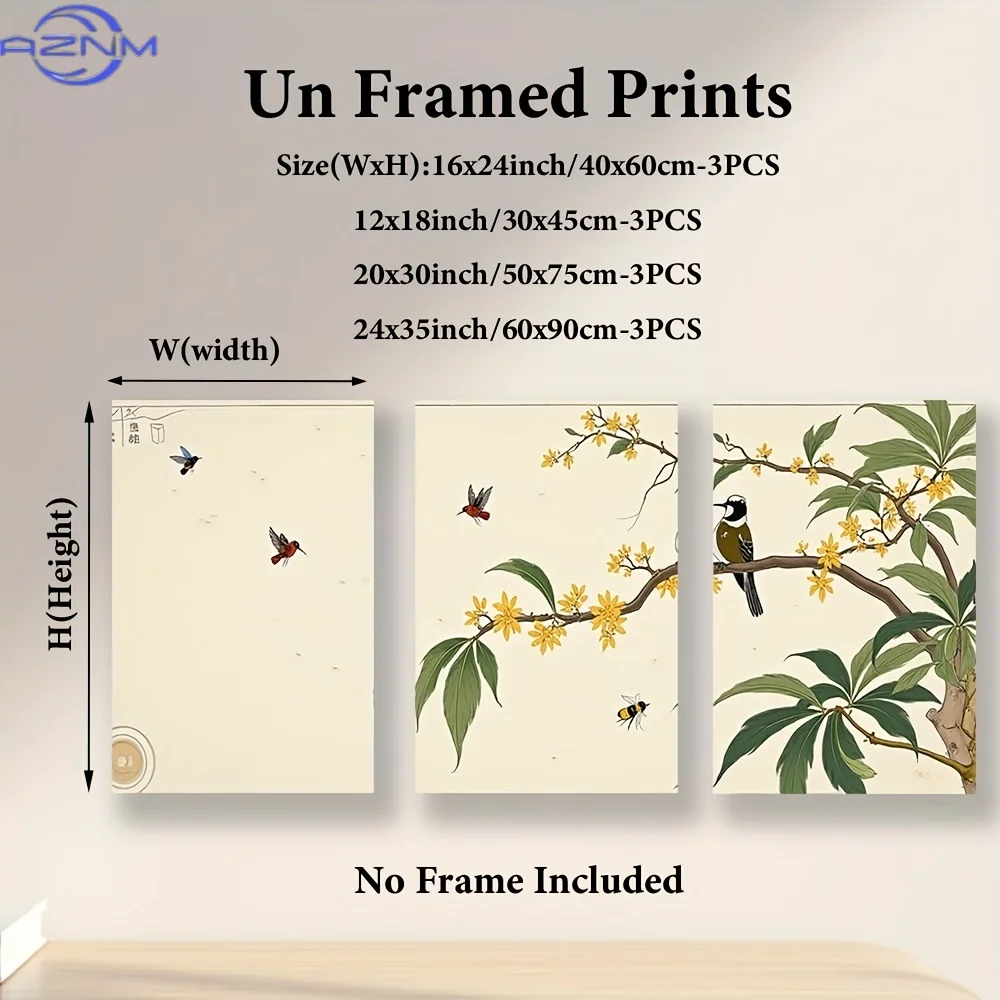 3pcs Framless Bird and Flower Canvas Art Prints - Vibrant Springtime Scene with Hummingbirds and Butterflies, Ideal for Home, Of