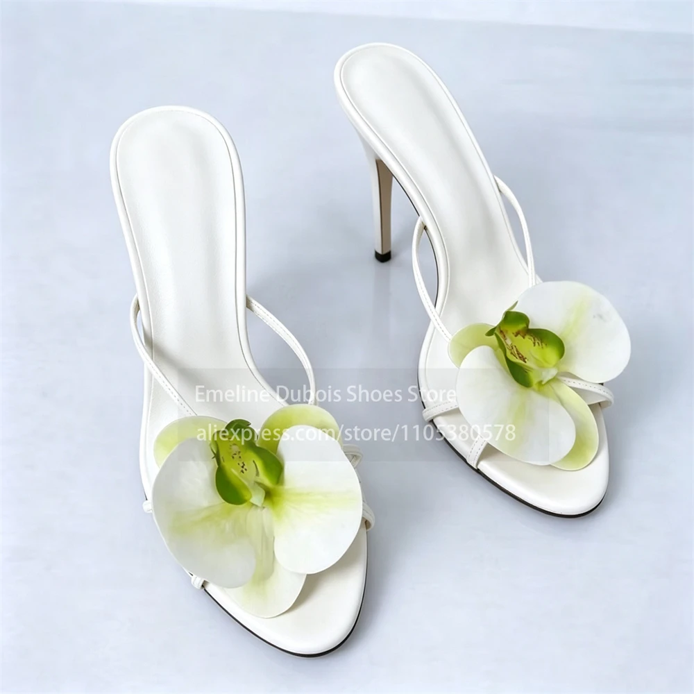 Orchid Flower Thin Strap Stilettos Sandals Slip on Round Toe Women High Heel Mule Slippers Beach Vacation Daily Party Plus Size