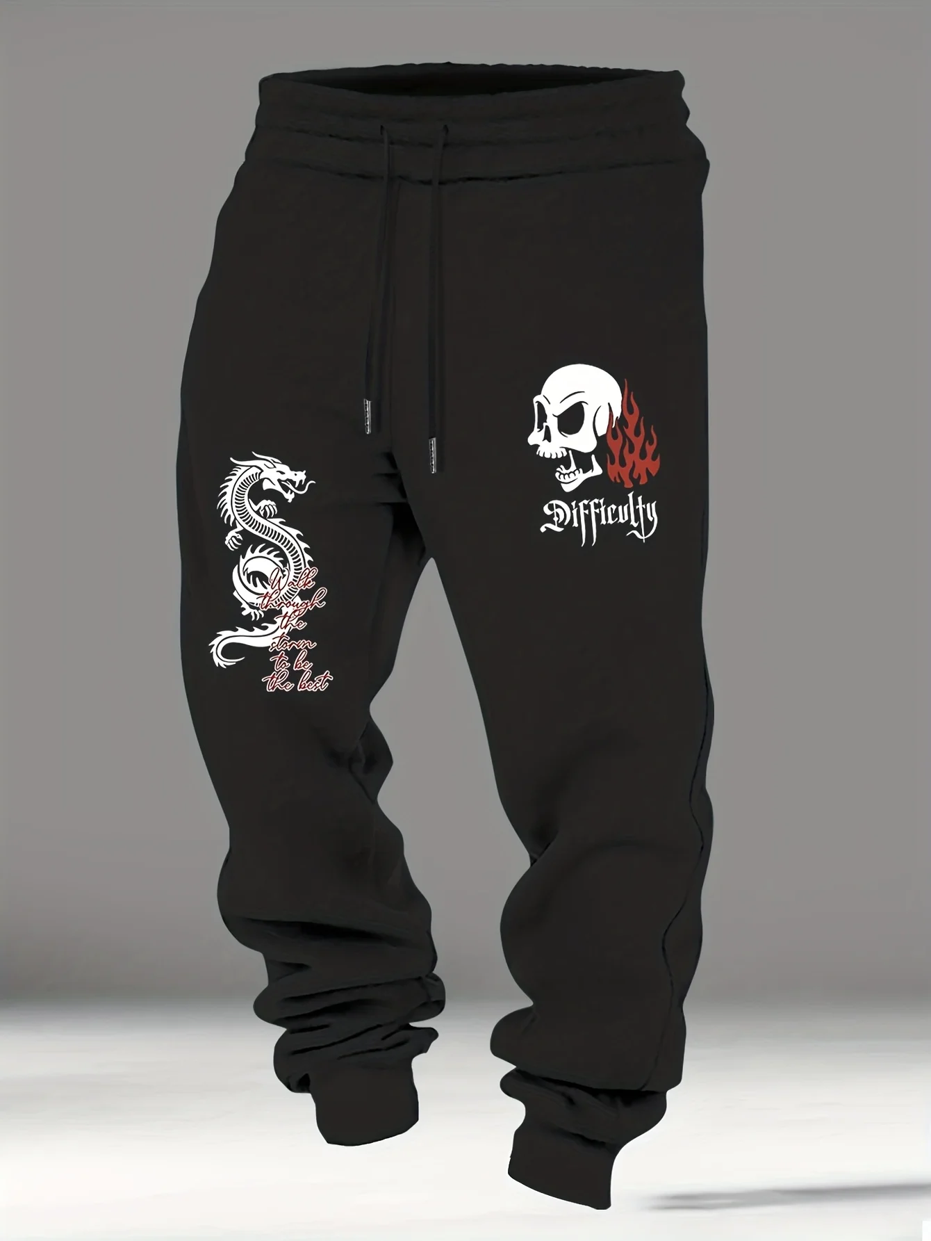 Bold‑edgy‑trend skull‑dragon flame art print street‑style dual‑side sweatpants men hip hop sports jogger trousers