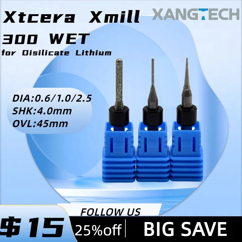 XANGTECH Dental Xtcera Xmill 300 Wet Milling Burs Tools 0.6/1.0/2.5mm for Glass Ceramic Lithium Disilicate