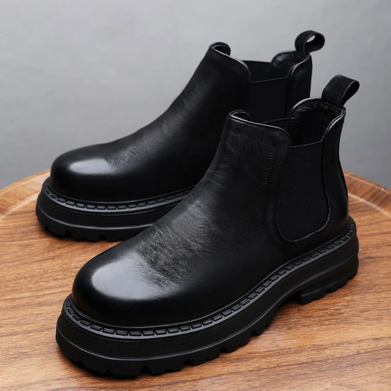 Chelsea boots men's autumn new style sleeve thick soled short boots high top casual leather shoes 240808