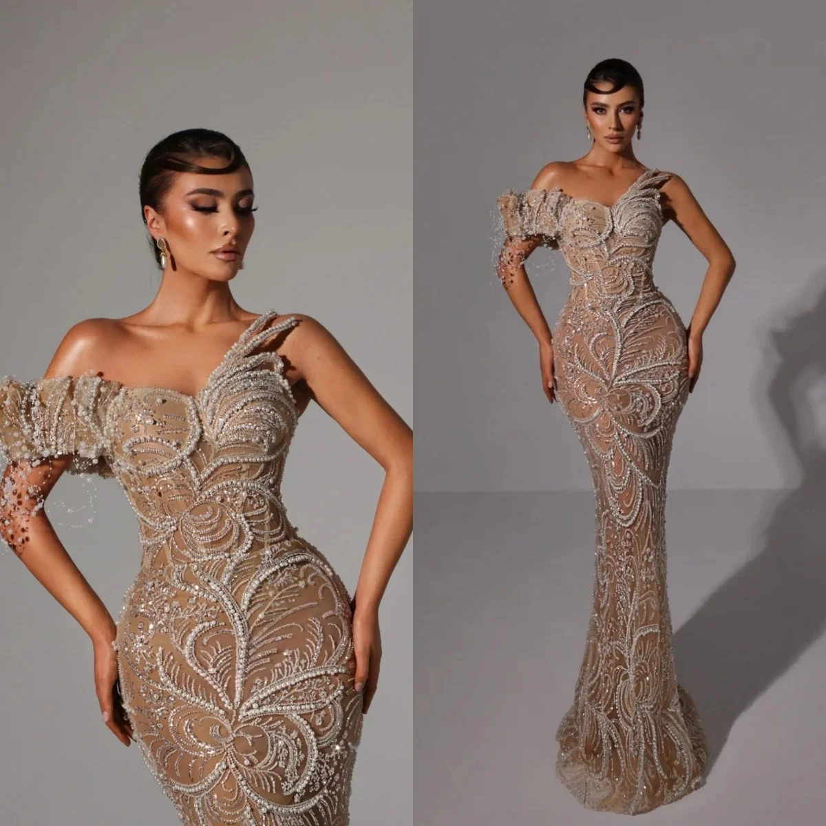 Splendidi abiti da sera monospalla abito da ballo perle paillettes perline illusione sirena abiti personalizzati De Noche