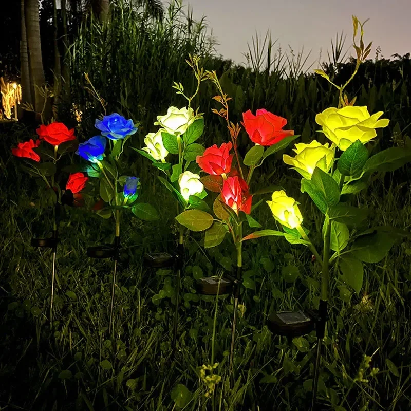 

5 Heads Rose Flower Artificial Solar LED Lawn Lamp Fairy Summer Wedding Party Outdoor Patio Holiday Garden Decoration Lights