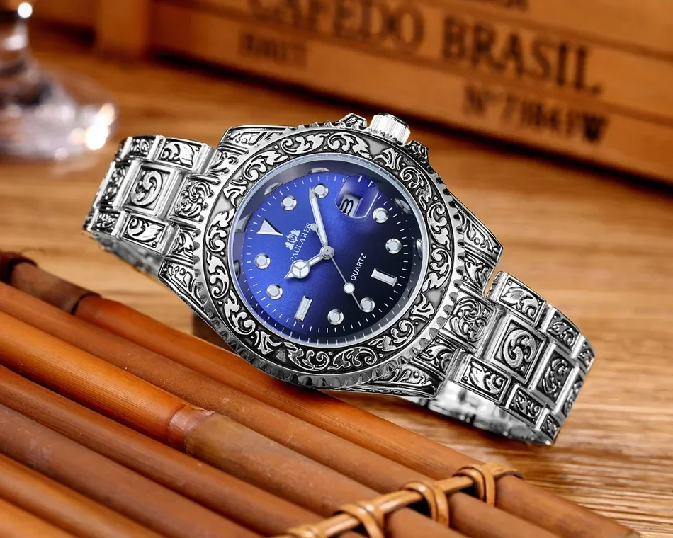 Intagliato antico Vintage luminoso oro rosa giallo oro argento 2 toni rosso verde blu gradiente moda classico orologio da uomo al quarzo