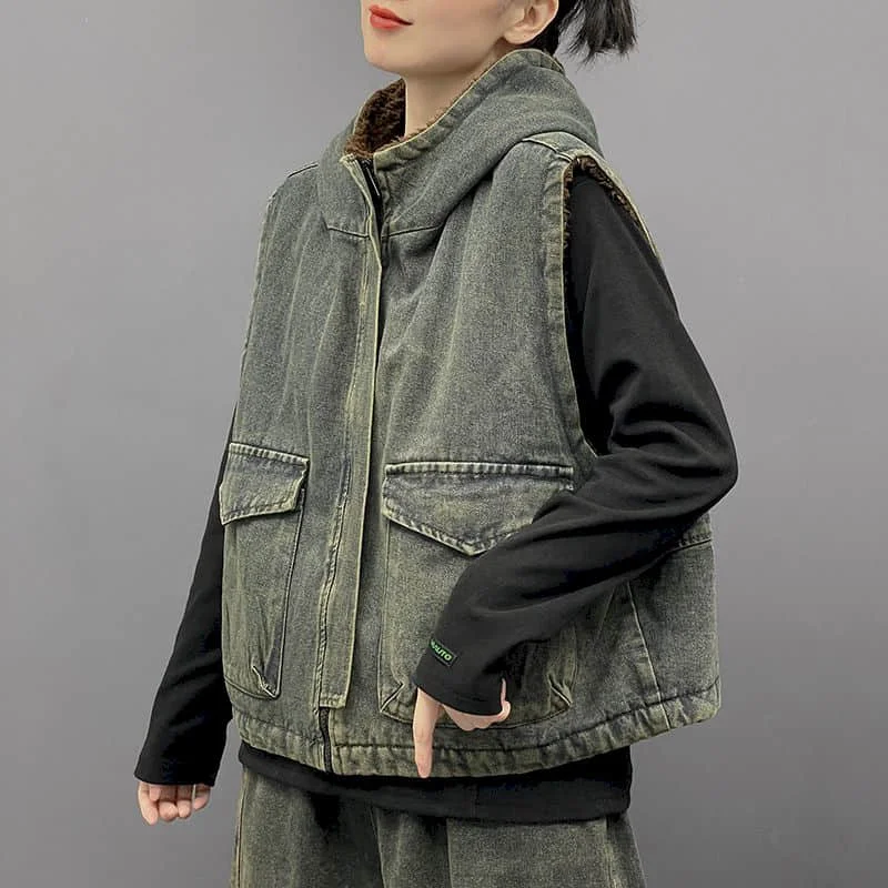 Denim Waistcoats for Women Vests Fleece Hooded Casual Sleeveless Cardigans Oversized Thickened Jackets Korean Style Women Tops