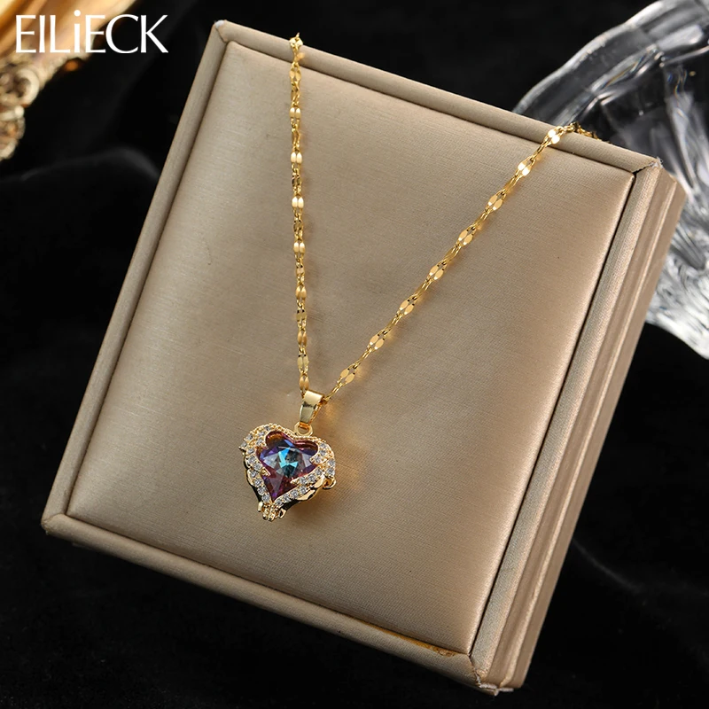 EILIECK 316L Stainless Steel Chain Love Heart Pendant Fot Women Shiny Necklace Wedding Jewelry Gifts Fashion Necklace for Girls