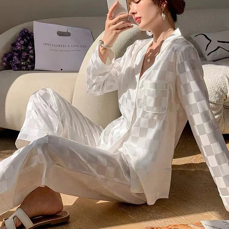 Long Sleeve Trouser Pijamas Suit Thin Silk Satin Home Wear Simple White Plaid Pajamas Two Piece Set Spring Loose Sleepwear