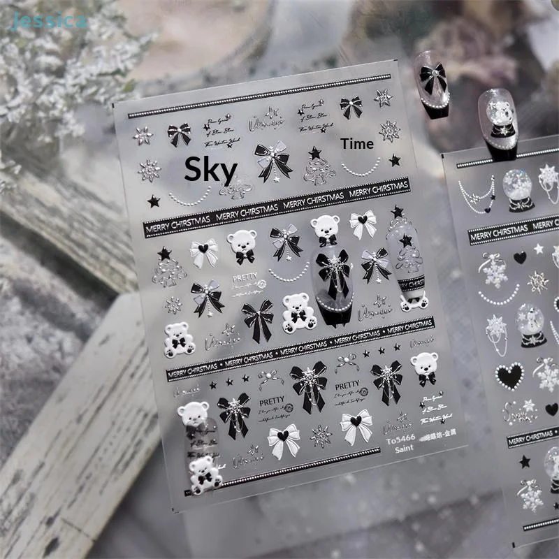 ♥ ملصقات فنية للأظافر باللونين الأسود والفضي لعيد الميلاد - شارات لامعة ثلاثية الأبعاد على شكل فيونكة/دب/ندفة الثلج لتقليم العطلات #2