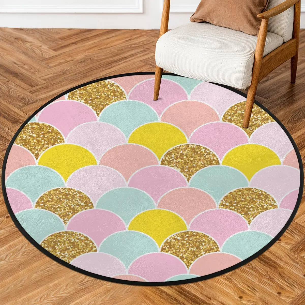 

Golden Scales Round Rug,Washable Soft Circular Floor Mat, Non Slip Low Pile Area Rugs for Kids Room Bedroom Bathroom Laundry
