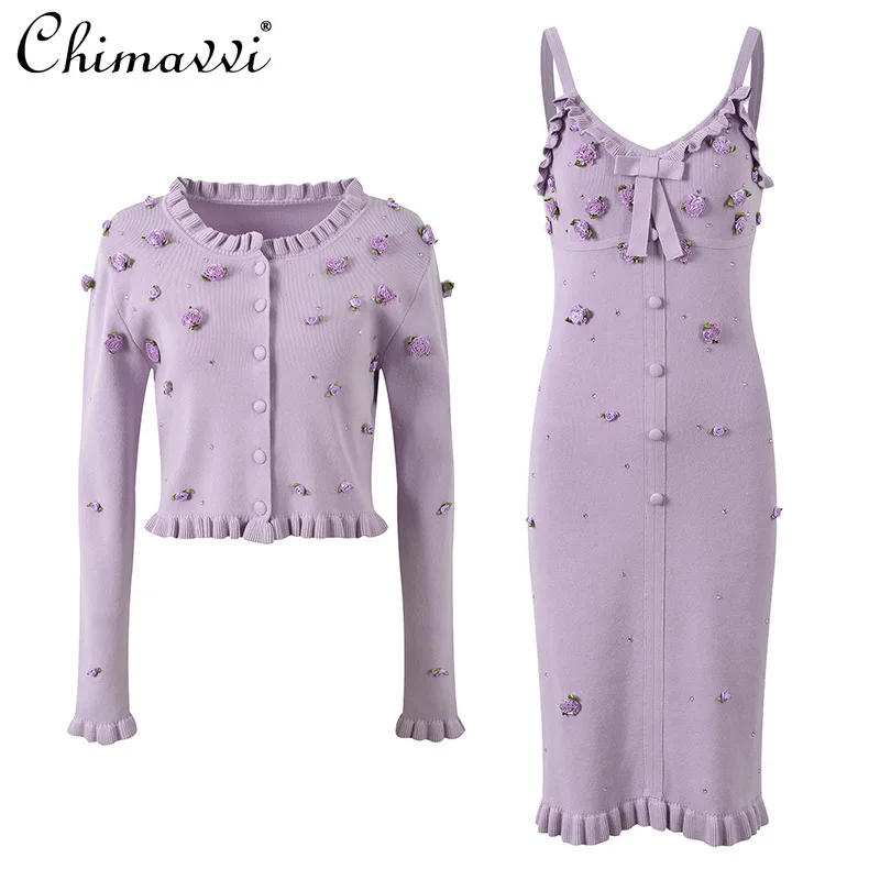 Veste cardigan à manches longues pour fille, robe à bretelles mince, fleur 3D française, diamant chaud, bord champignon, mince, automne, nouveau, sexy, 2024