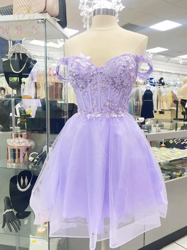 

Short Prom Dresses Off the Shoulder Lilac Lace Appliques Floral with Crystal Formal Party Homecoming Gowns Special Occasion Wear