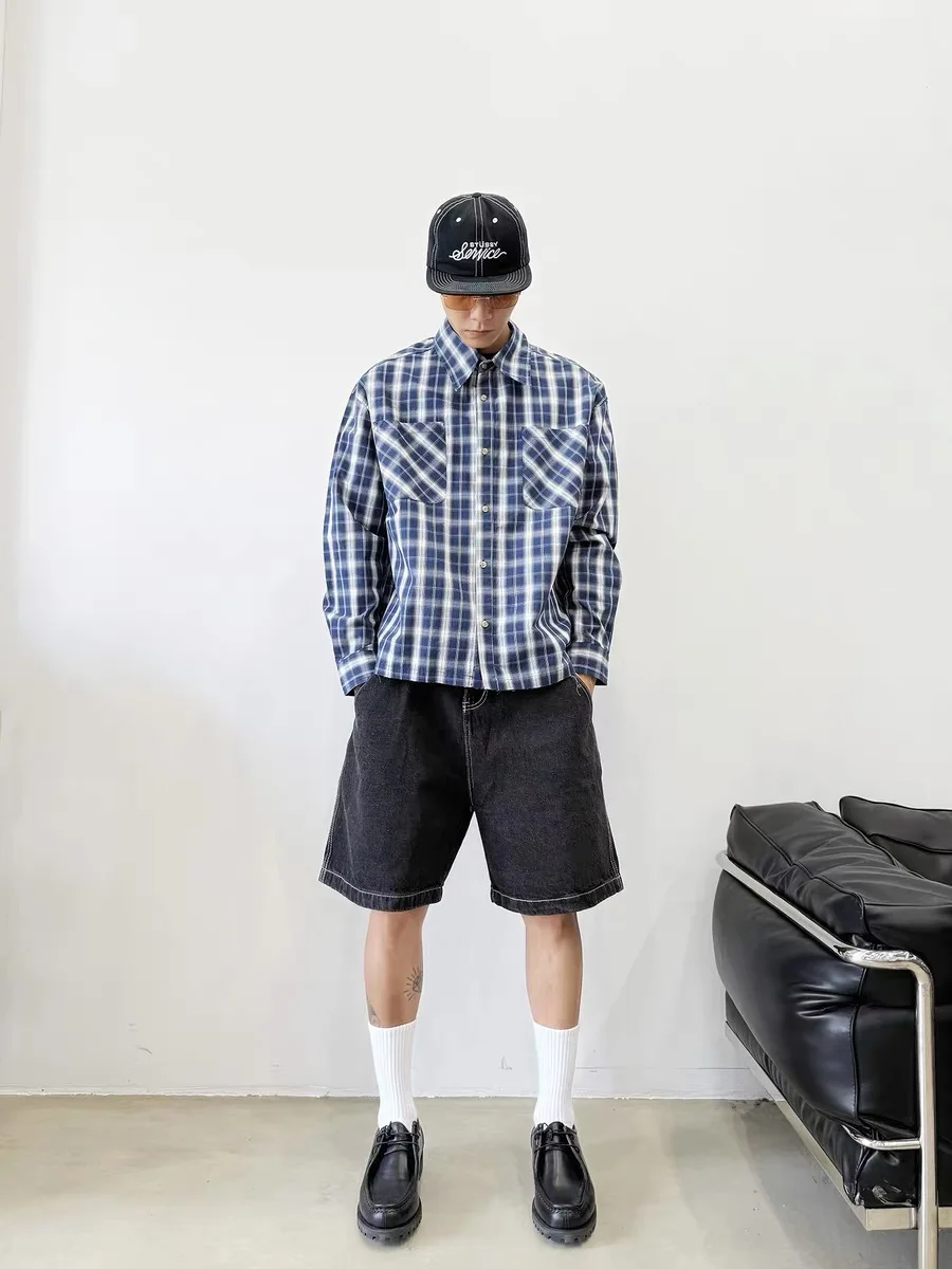 アメリカンレトロルーズフィットピュアコットンチェック柄長袖シャツカジュアルメンズ秋アウターウェア、ほつれデザイン、快適で通気性があります。