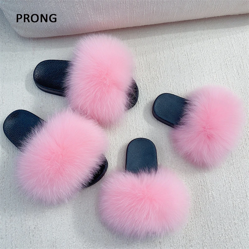 Summer Women Kids Fox Fur Slippers Mother Daughter Real Fur Slippers Plush Baby Slides Ladies House Shoes Furry Fur Flip Flops